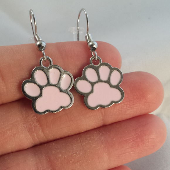 Kristy's Jewels Jewelry - Silver Pink Cat Dog Paw Earrings Hypoallergenic Hk